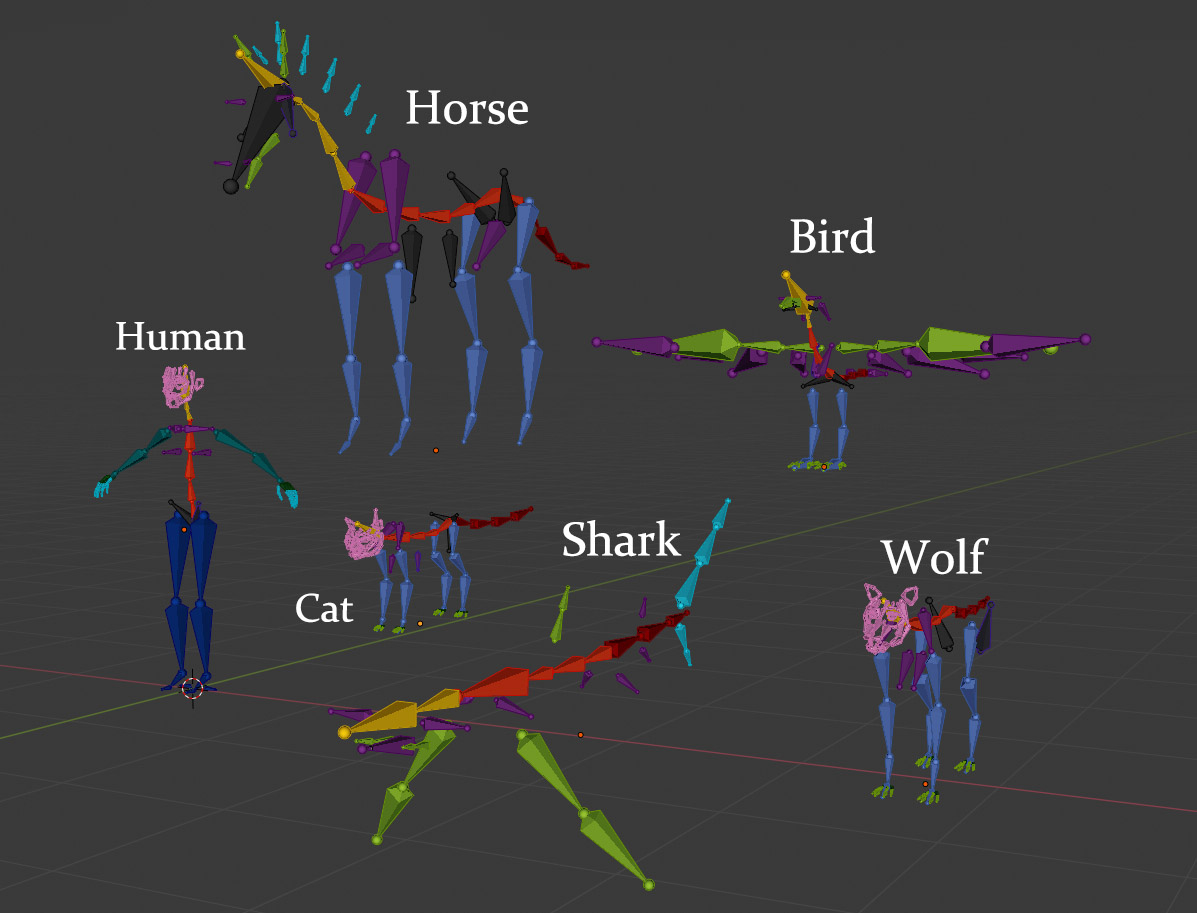 the default meta rigs human, cat, wolf, gorse, bird and shark