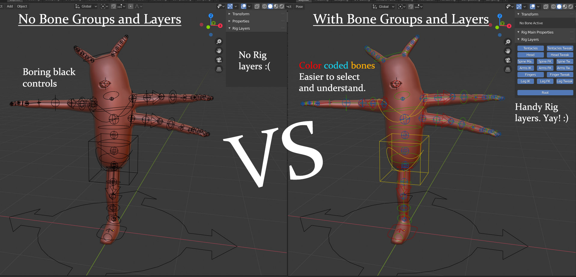 bone groups and layers. Without VS With